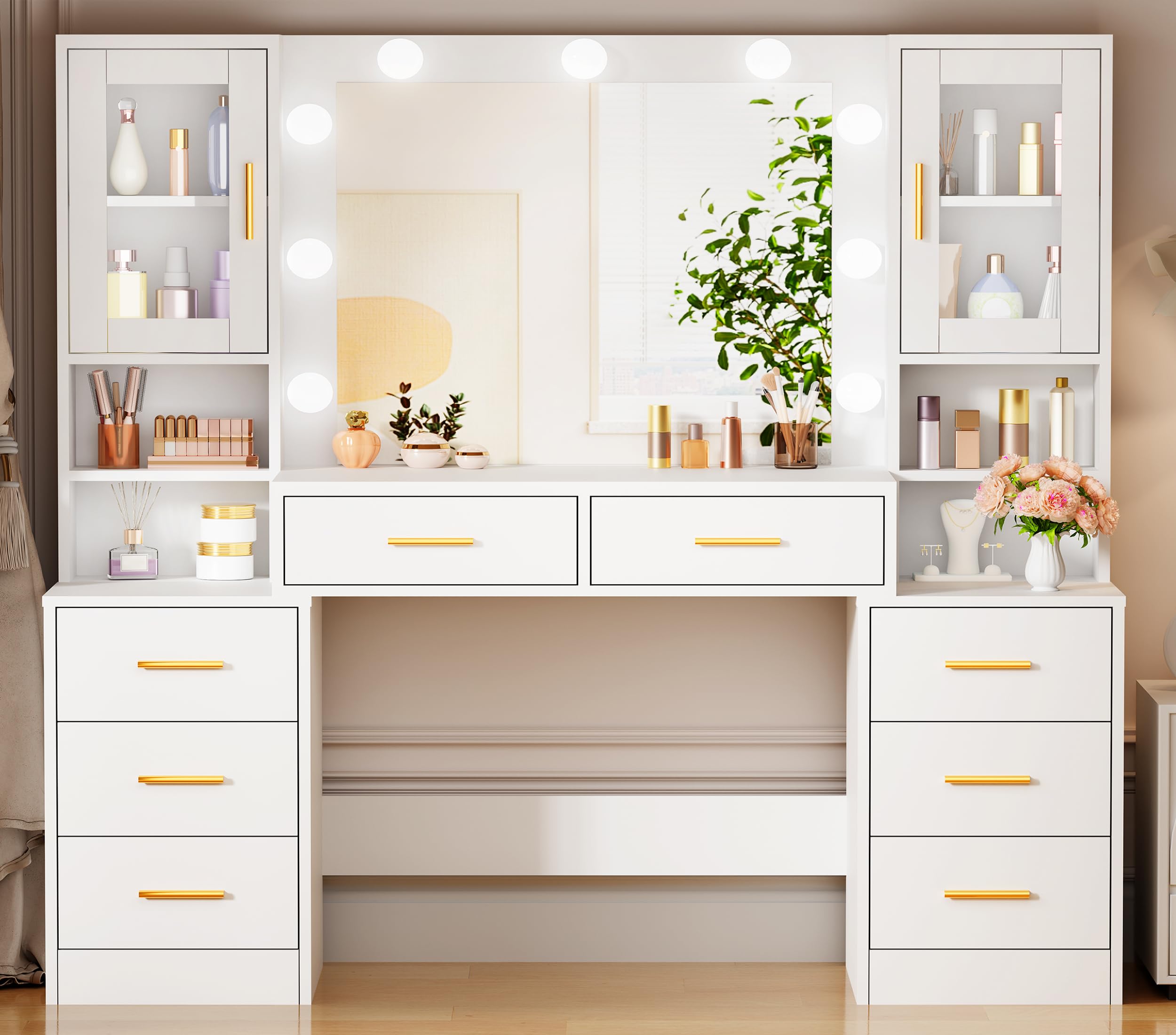BEWISHOME Grande Toeletta Trucco con Luci LED, luminosità Regolabile, Toletta da Trucco con Specchio, Postazione Trucco con 8 Cassetti, Toeletta con Ripiani Aperti Moderno Bianco EFST37W