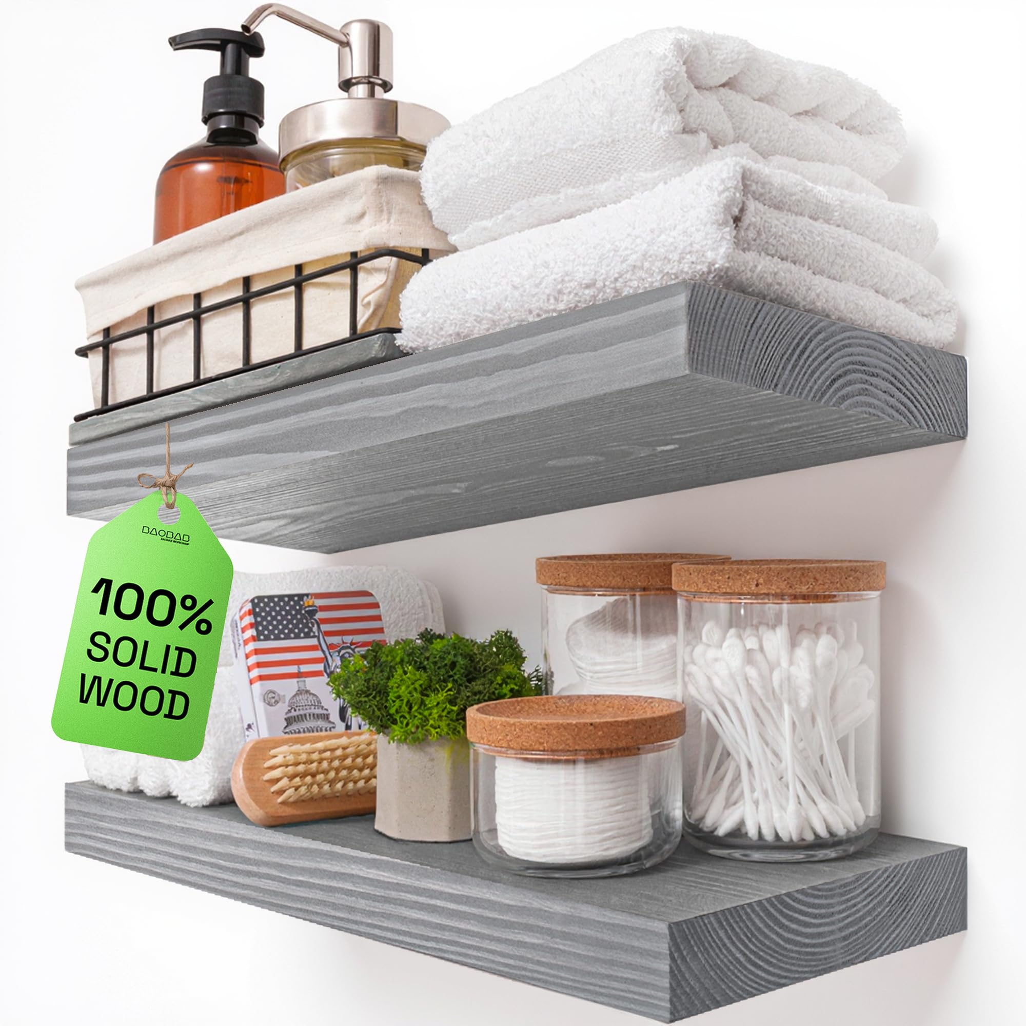 BAOBAB WORKSHOP Wood Floating Shelves for Wall - Rustic Shelf 16 inch - Grey Bathroom Shelves - Solid Wood Shelves for Wall for Bedroom Kitchen Living