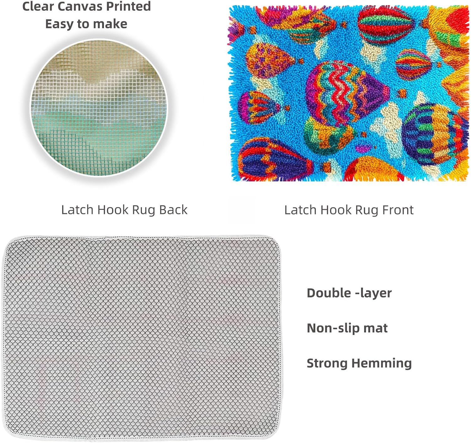 Latch Hook Rug Kit Colorful Hot Air Balloons Pre-Printed Handmade Carpet Crochet Yarn Craft DIY Hook and Latch Door Mat Tapestry for Home Floor Decoration 52x38cm-1
