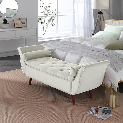 Miniatura 8 de SZLIZCCC Banco de almacenamiento de terciopelo de 65 pulgadas, banco tapizado vintage de 65 pulgadas con botones armados enrollados para dormitorio,