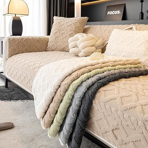 Miniatura 5 de Funda de sofá de felpa jacquard geométrico, funda antideslizante para sofá seccional, funda cálida de piel sintética (crema, 36 x 70 pulgadas, funda