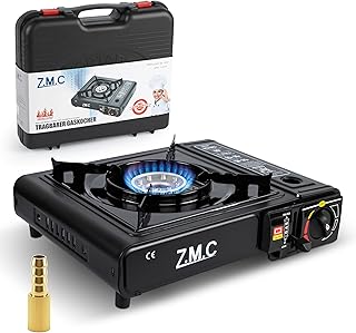 Z.M.C Gaskocher 1-flammig inkl. Adapter für LPG + Aufbewahrungskoffer Campingkocher Set mit Gaskartuschen 227g und Grillplatte Wählbar, für Outdoor und Innenraum, Campinggaskocher mit Piezozündung
