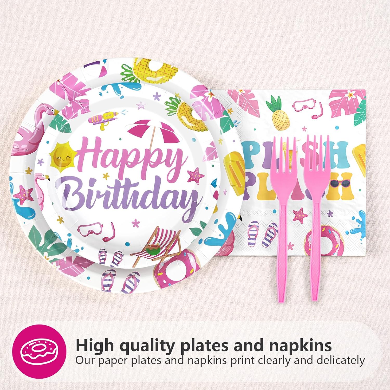 Grencian 96Pcs Pool Party Decorations Pink Flamingo Pool Plates and Napkins Tableware Sets Summer Splish Splash Birthday Decorations for Boys Girls Baby Shower Beach Party Supplies Serves 24
