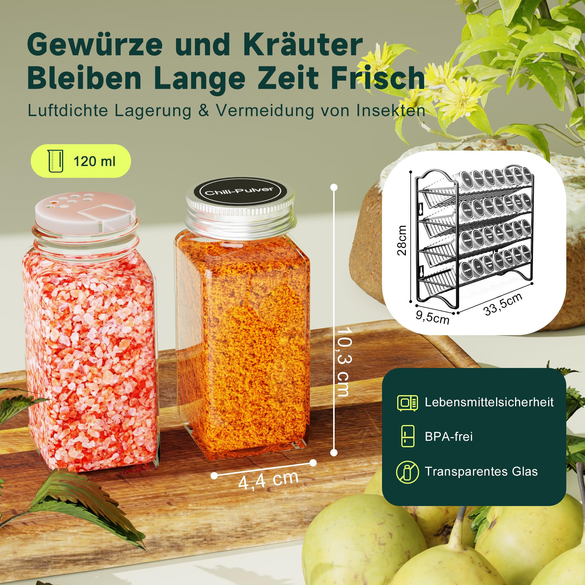 Gewürzregal Set mit 28 Gewürzgläsern & 120 Etiketten - Gewürz Organizer für Küche & Schrank - Gewürzregal Wand oder Stehend - Komplettes Gewürz-Aufbewahrungssystem (Schwarz)