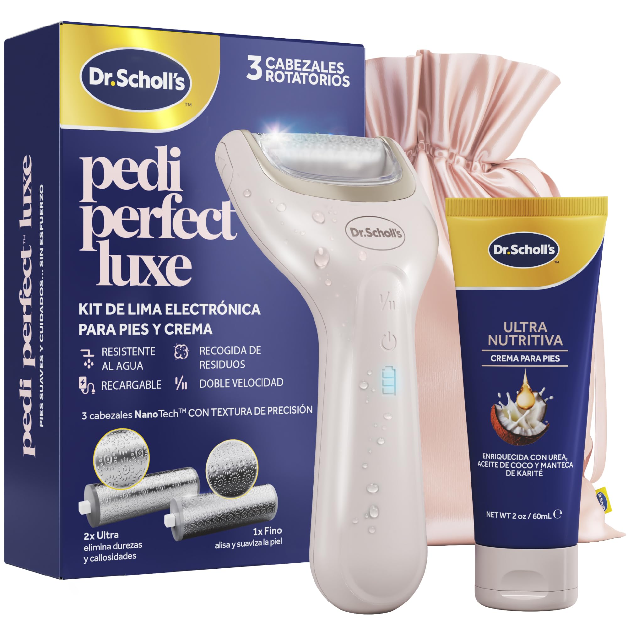 Dr. Scholl's Pedi Perfect Luxe - Lima Eléctrica para Pies con Crema Nutritiva, Kit Pedicura, Elimina Durezas, Pies Suaves, Impermeable, Recargable 90 Minutos, Incluye x3 Cabezales