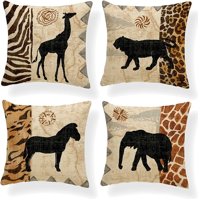 OCEUMACO Linen Cushion Covers 45 x 45 cm for Home Sofa Living Room Set of 4 Square African Animal Print Throw Pillow Cases 18x18 Inches Outdoor Elephant Zebra Ethnic Cushion Cover - Brown