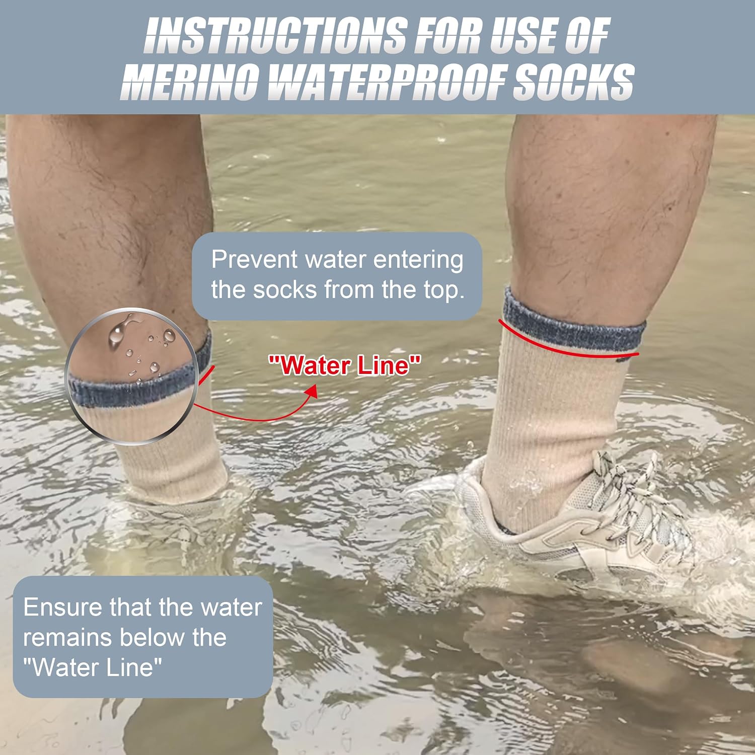 Merino Wool Waterproof Socks, 1 Pair Waterproof Hiking Socks for Hiking, Running -Breathable & Warm for All Seasons