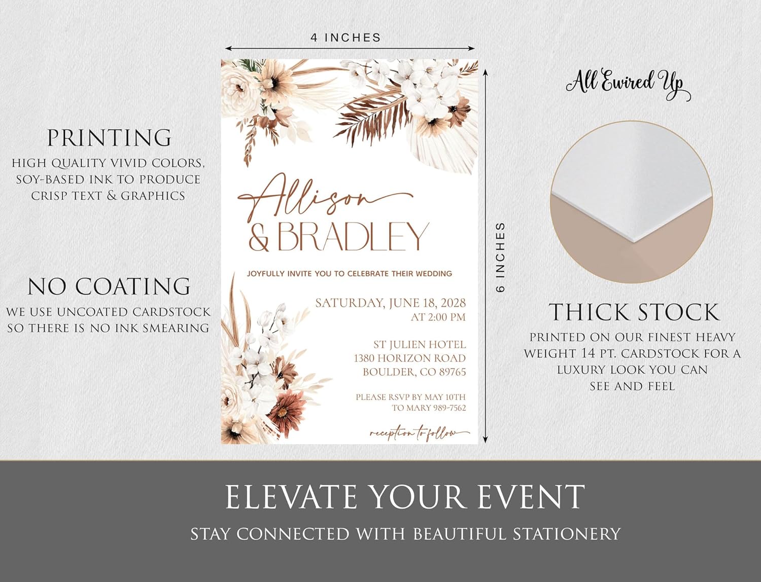 All Ewired Up Wedding Invitations and Envelopes, Pampas Grass Boho, Bohemian, Earthy, Personalized