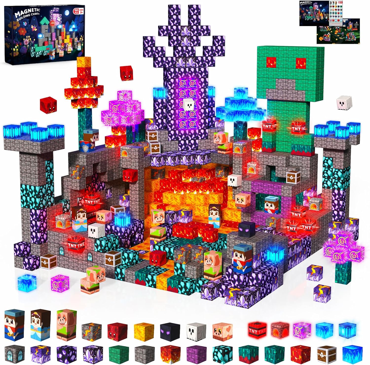 200PCS Magnetic Blocks with Light Blocks - Magnetic Blocks for Kids Ages 4 5 6 7 8, Magnetic Building Cubes, Magnetic Building Block, Christmas Birthday Gifts for 3-10 Years Old Boy Girls, STEM Toy