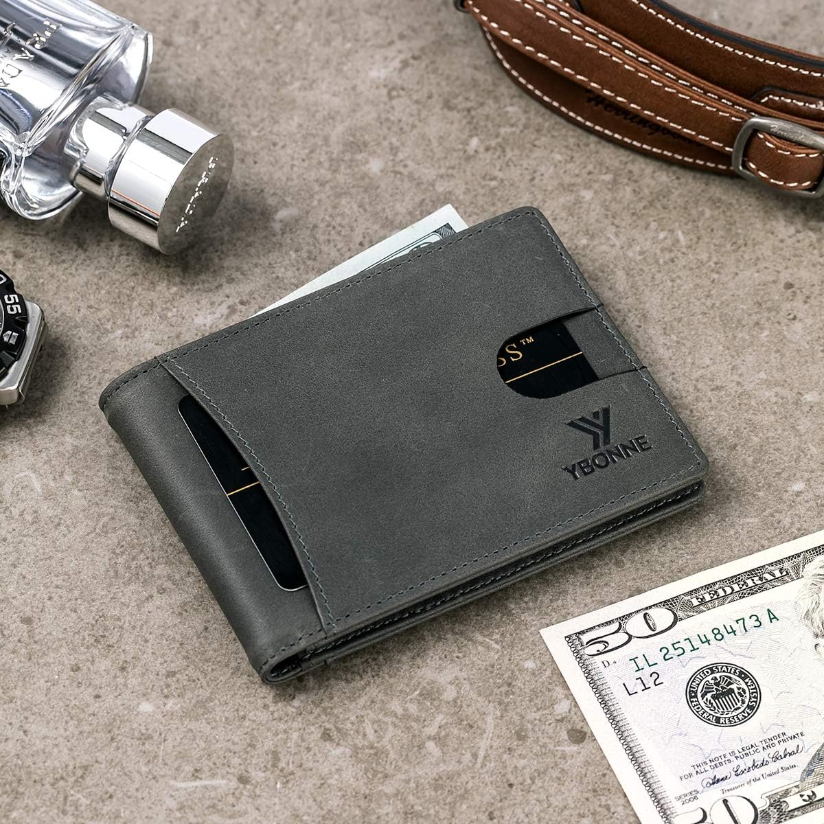YBONNE Functional Compact RFID Blocking Bifold Wallet for Men, Made of Finest Genuine Leather