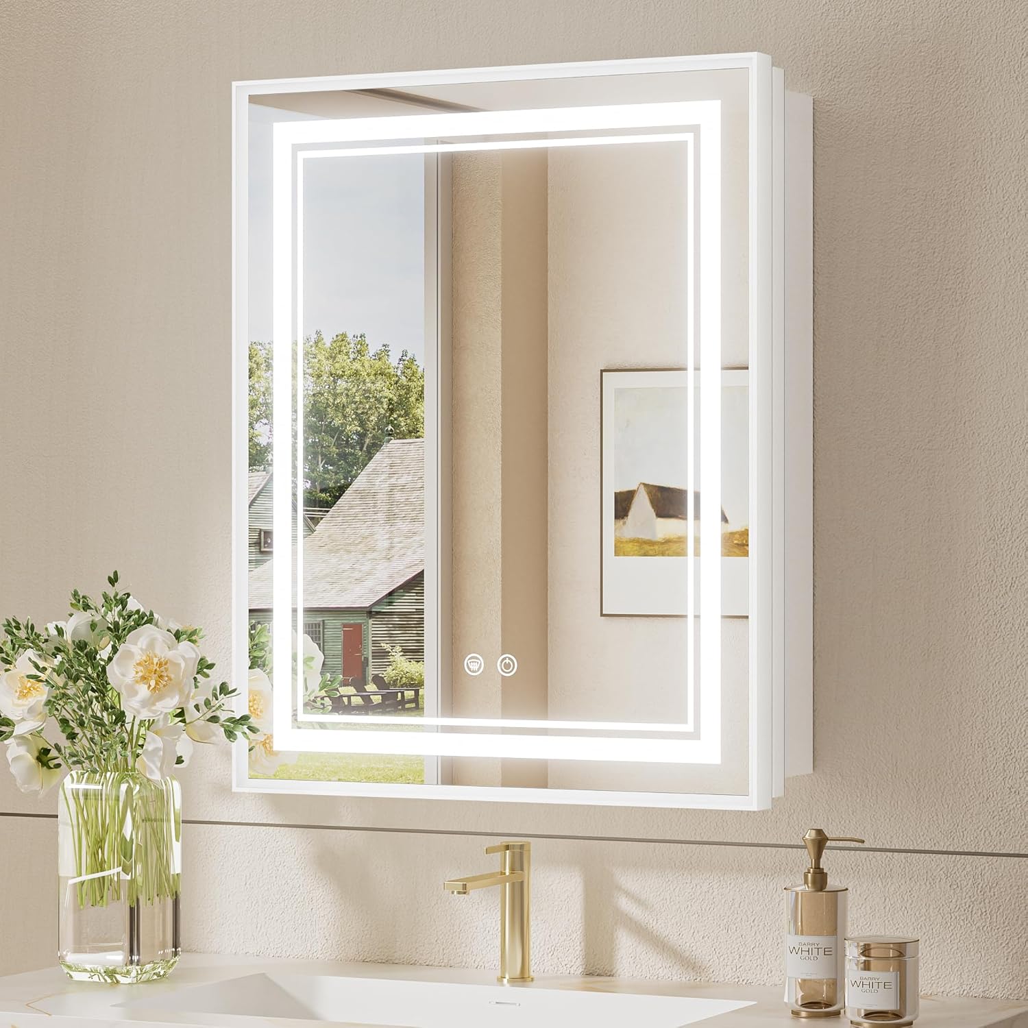 TokeShimi 24x30 Recessed Medicine Cabinet Mirror with Lights Tempered, 3-Color Stepless Dimmable Led Mirrored Medicine Cabinet Defog and Electrical Outlets, White Modern