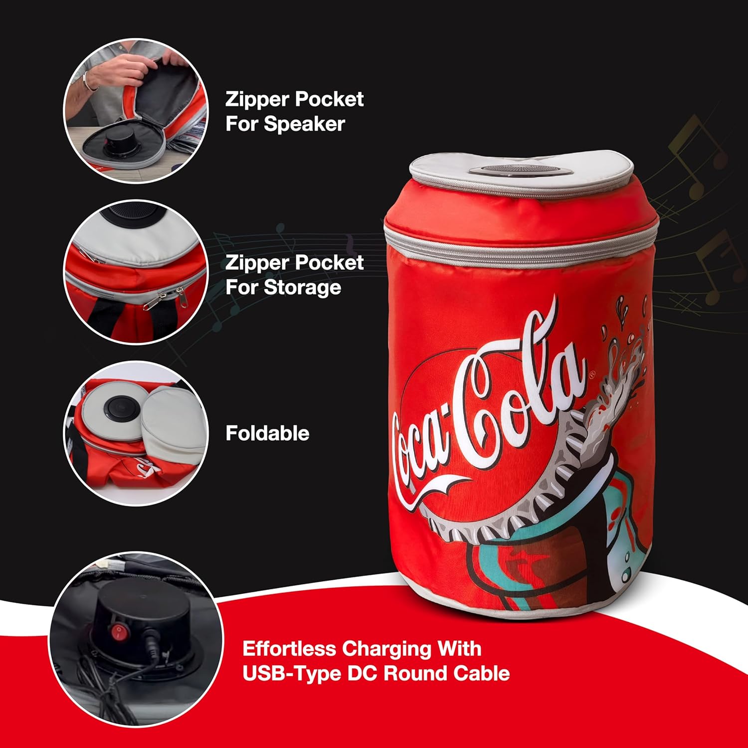 Coca Cola Can Shape Cooler Bag with Bluetooth Speaker, 5H Playtime, Adjustable Straps, Zippers, 5-Layer Insulated Fabric Keeps Food Fresh for 12 Hours, Perfect for Outdoor and Indoor BBQ Parties