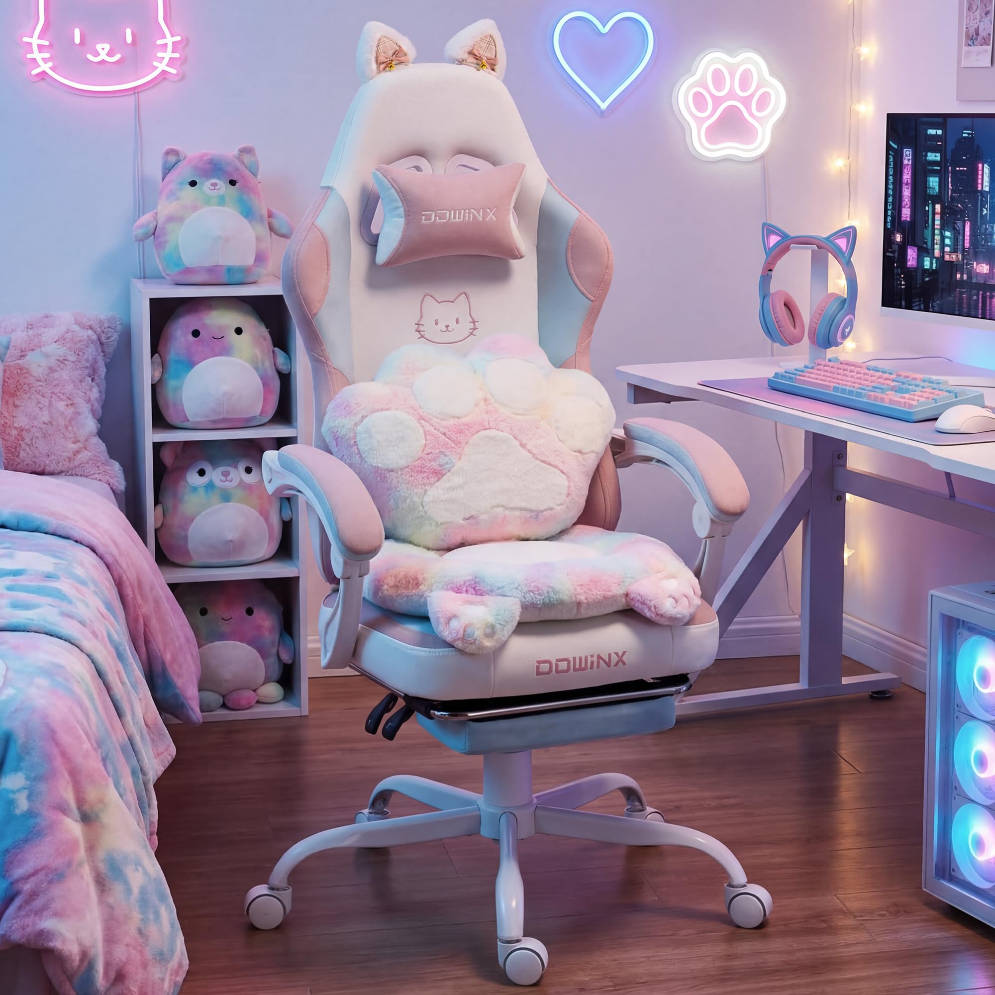 Dowinx Chaise de Gaming Ergonomique Multicolore et Blanc avec Repose-Pieds, Motif Pattes de Chat, en Tissu, Design d'assise sans Ailes, réglable, pour Adultes