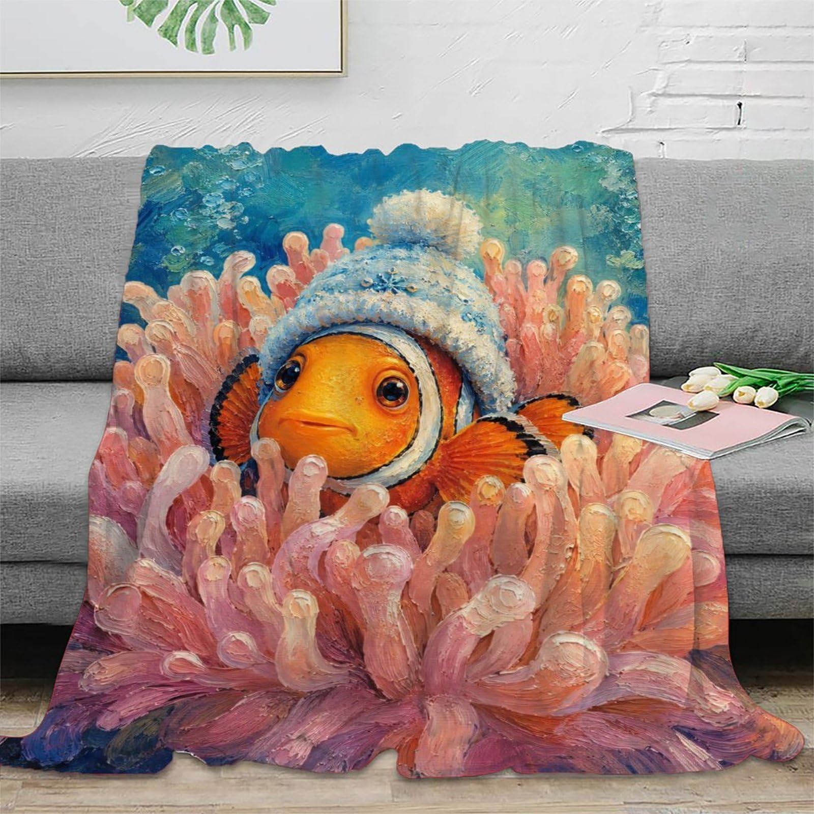 W7C8U2X3 Clownfish Winter Beanie Blanket, Flannel, Bed, Coral Reef Painting