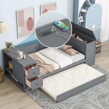 Bellemave Twin Size Daybed with Trundle, Storage Arms, Charging Station, Wood Twin Daybed Frame Sofa Bed, No Box Spring Required, for Living Room Bedroom Guest Room - Gray