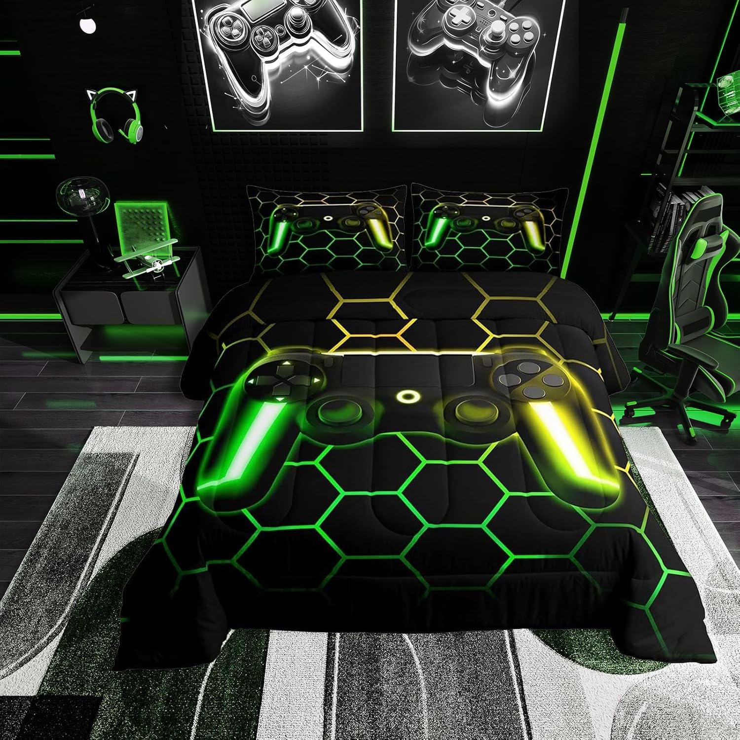Homewish Gaming Duvet Single for Teenage Boy, Gamer Quilt for Kids Boys Men, Microfiber Green Yellow Honeycomb Coverless Duvet All Season, Geometric Bedding Comforter Sets, Black Reversible