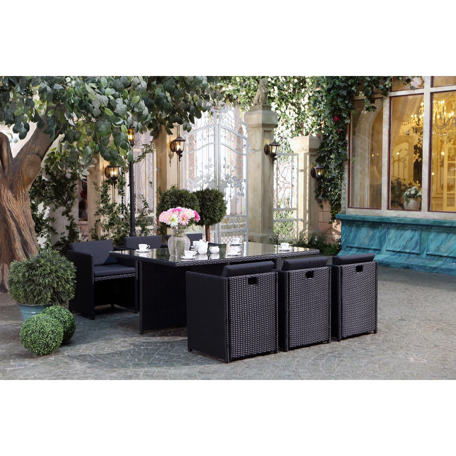 CONCEPT USINE Salon de Jardin Encastrable Miami Noir Coussins Noirs 6 Pers