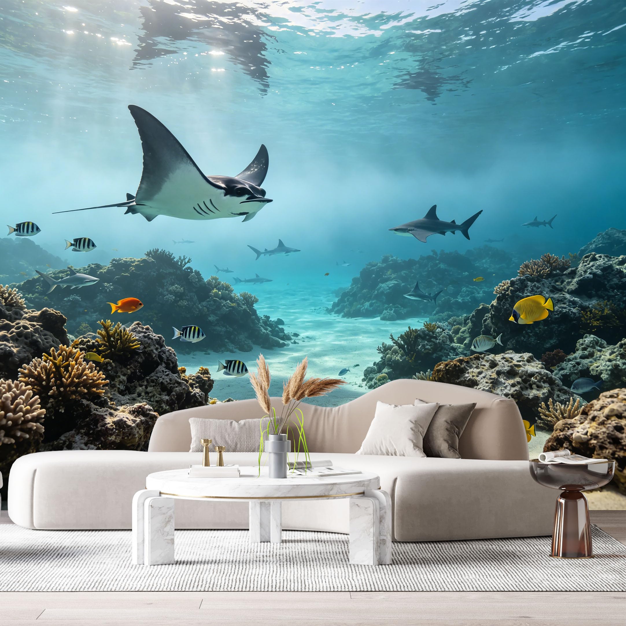 Custom Size Wall Murals Ocean Marine Tropical Coral Reef Stingray Shark 3D SelfAdhesiveWall Fabric Removable Wallpaper Wall Decor for Living Room Bedroom Bathroom