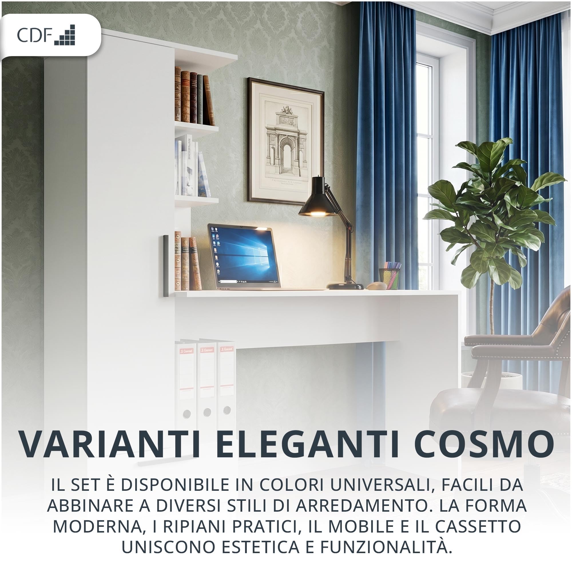 CDF Scrivania con Libreria Cassetto 140cm 3 Ripiani Gaming Home Office Smart Working Scrivania Computer Ergonomica Camera Ragazzi Camera Bambini Adolescenti Binari Scorrimento Bianco Truciolato 16mm
