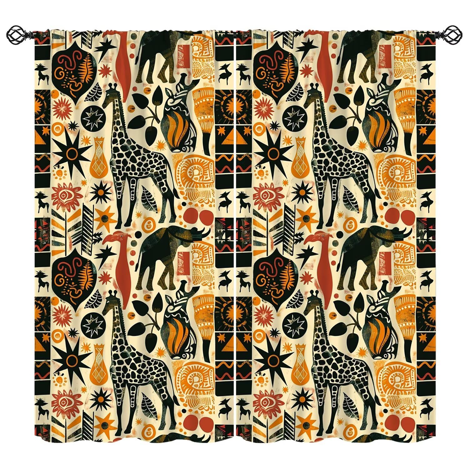 Moderw African Tribal Ethnic Curtain, Vintage Abstract African Animals Giraffe Elephants Window Treatments Boho Geometric Traditional Blackout Window Curtain for Bedroom Living Room W63xL63in