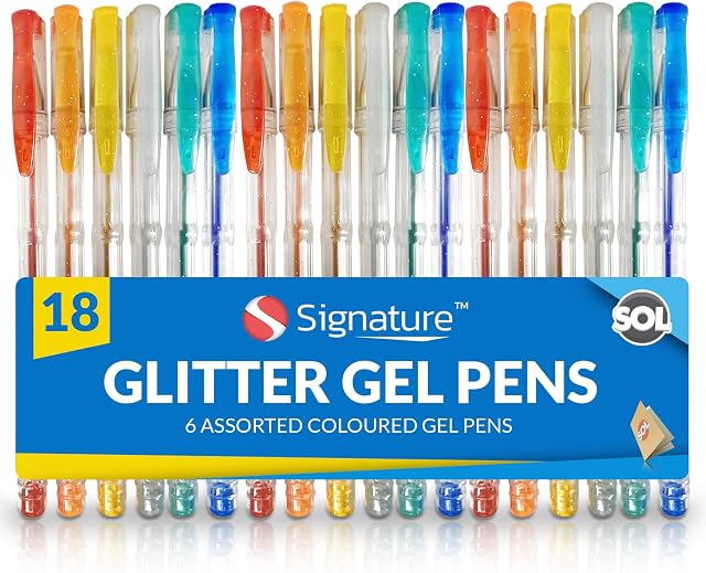 18pk Signature Glitter Pens| 3 x 6pk Sparkly Gel Pens for Adult Colouring | Gel Pen Set Coloured Gel Pens for Kids |Glitter Gel Pens for Girls Pen Set