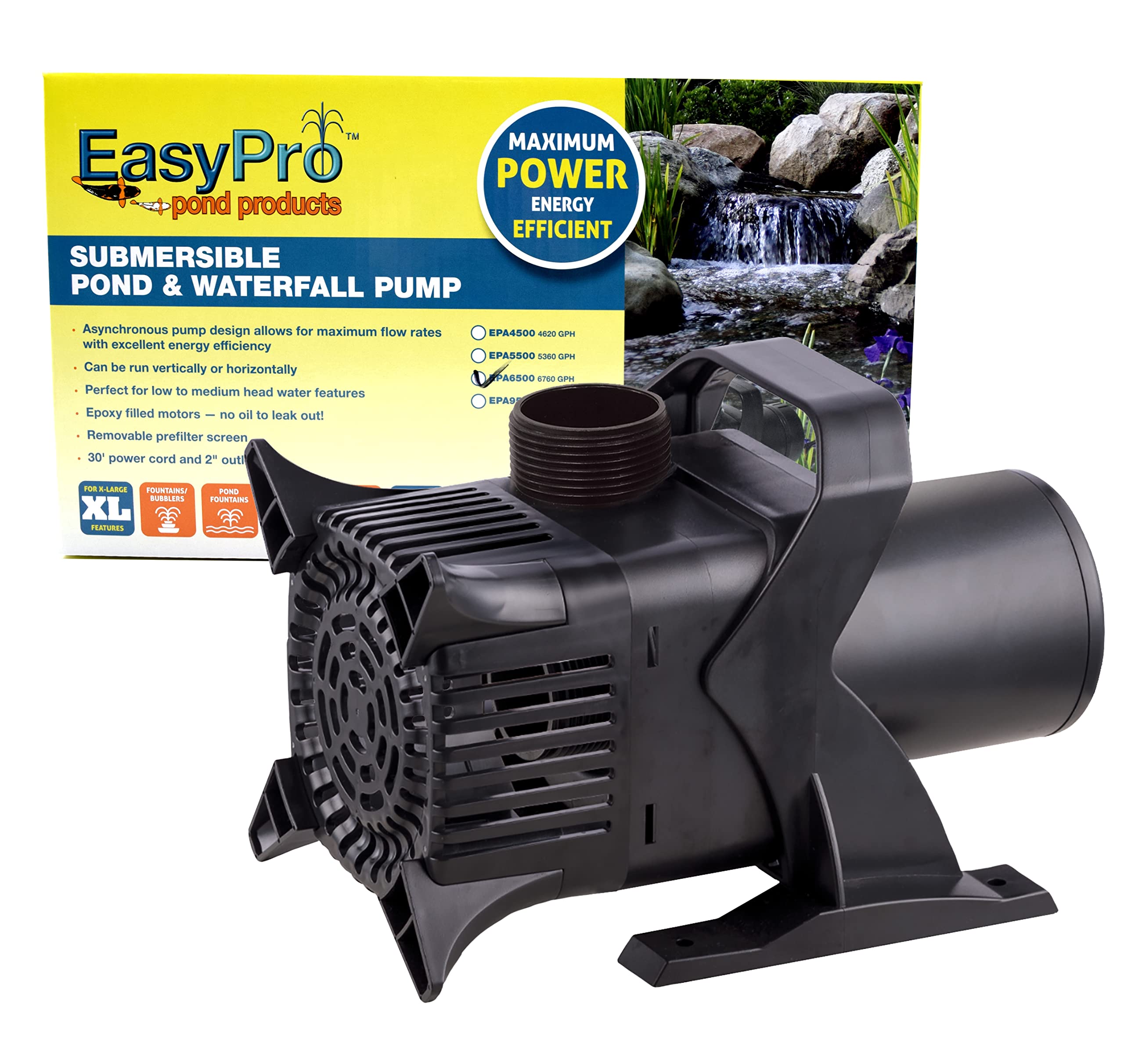 EasyPro EPA6500 Submersible Asynchronous, Mag Drive Pump For Pond, Waterfall, and Streams Features | Where Power and Efficiency Meet | Pre-filter Screen | Quiet & Energy Efficient | 6760 GPH