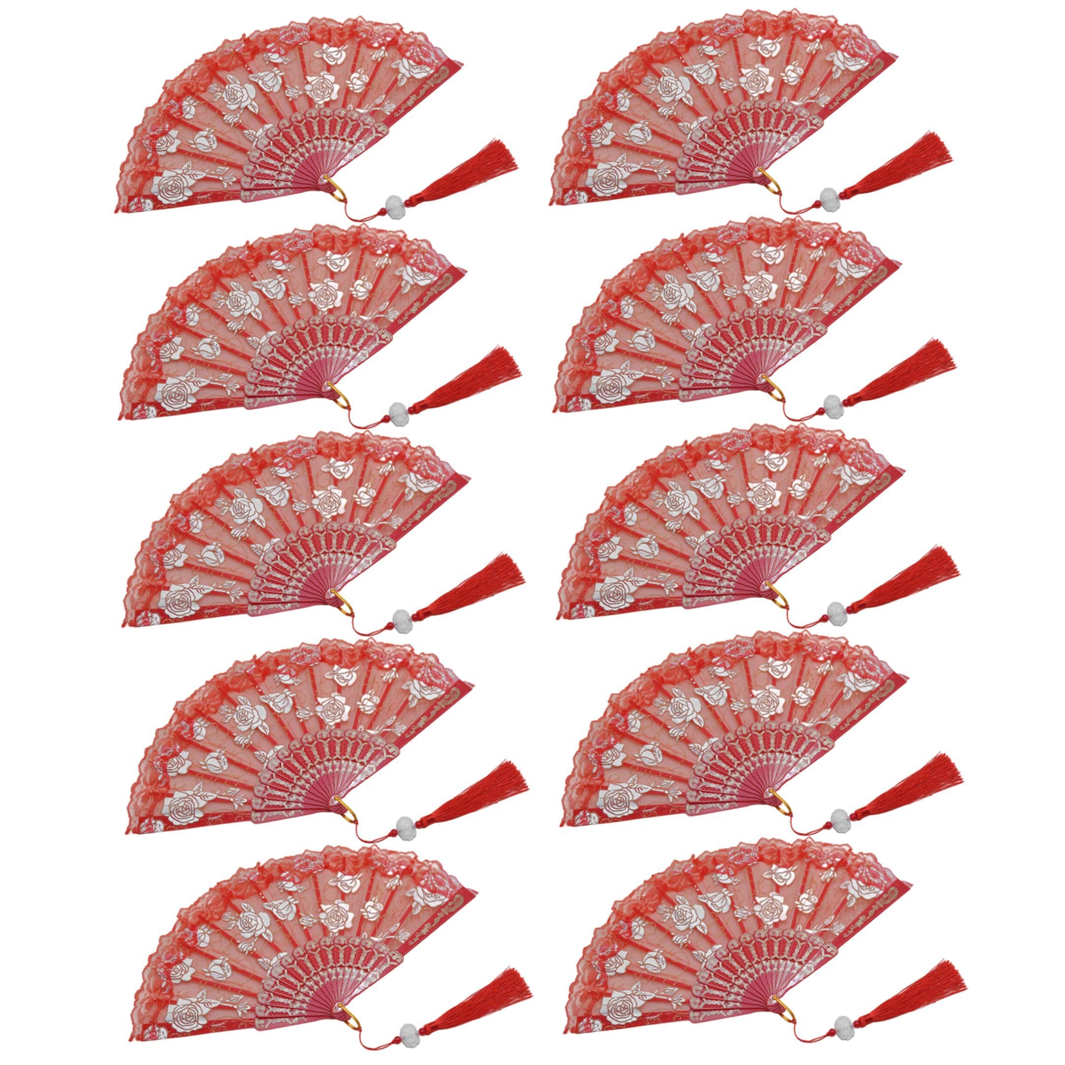 DAGLLGEW 10pcs Red Lace Folding Fans, Spanish Handheld