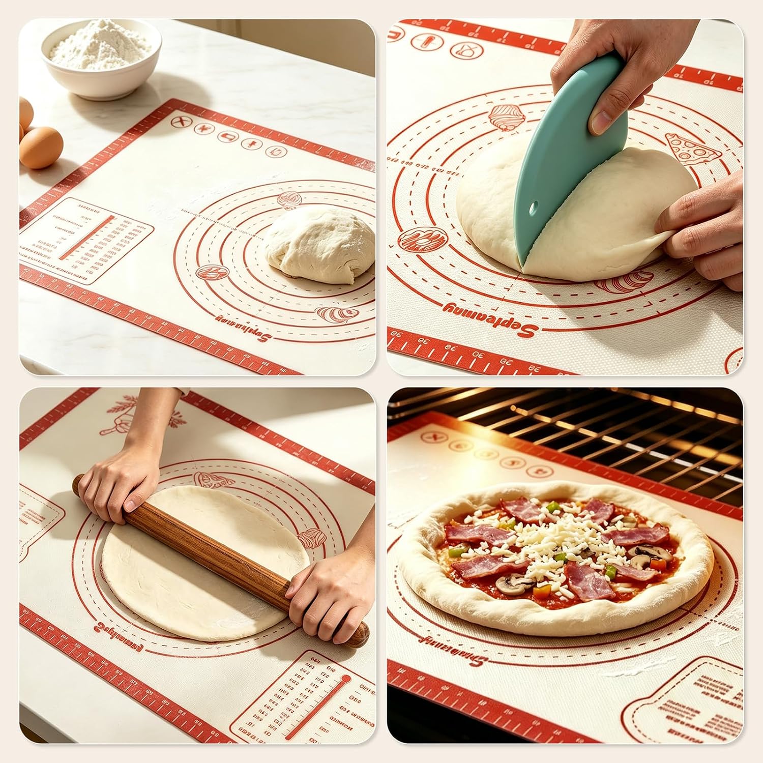 Premium Silicone Baking Mat with Rolling Pin & Dough Scraper, 3-in-1 Baking Supplies Set, Non-Slip | Non-Stick | Easy Clean - for Sourdough Bread Pizza Pie - Kitchen Gifts for Women Mom