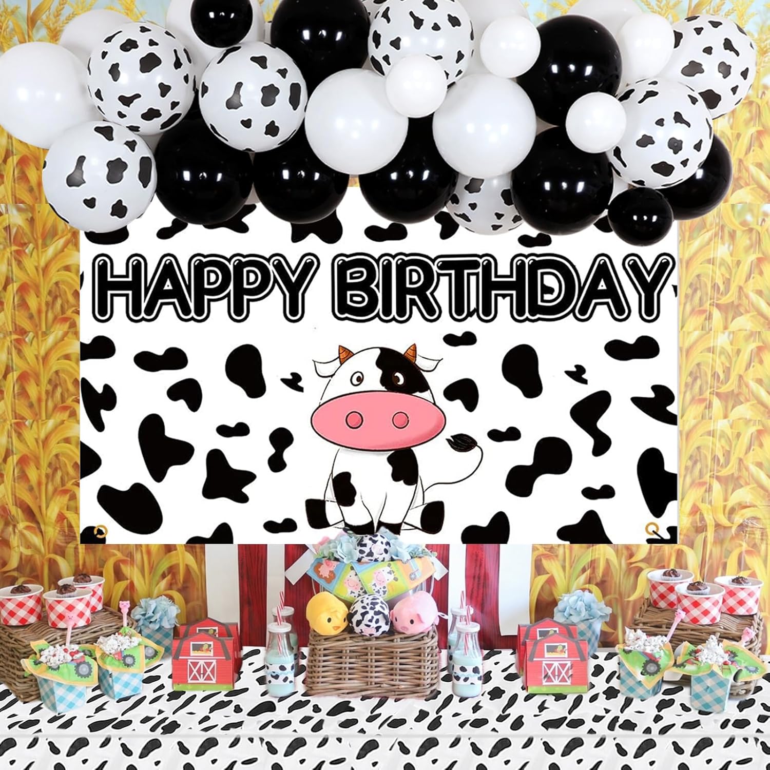 Cow Print Birthday Party Decorations, Cow Theme Balloon Garland Kit Black And White, Cow Happy Birthday Backdrop, Tablecloth, Cow Party Supplies for Boys and Girls - Image 2