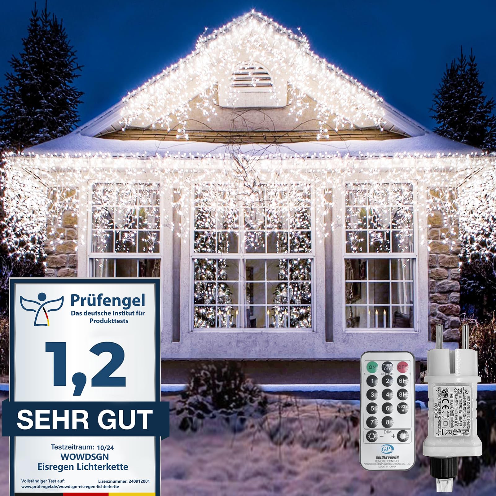 WOWDSGN Łańcuch świetlny LED na zewnątrz, 25 m, 1100 diod LED, sople lodu, z timerem, 8 trybów, wodoszczelność IP44, zasilanie prądem, zasłona świetlna na Boże Narodzenie, krawędź dachu, rynna dachowa