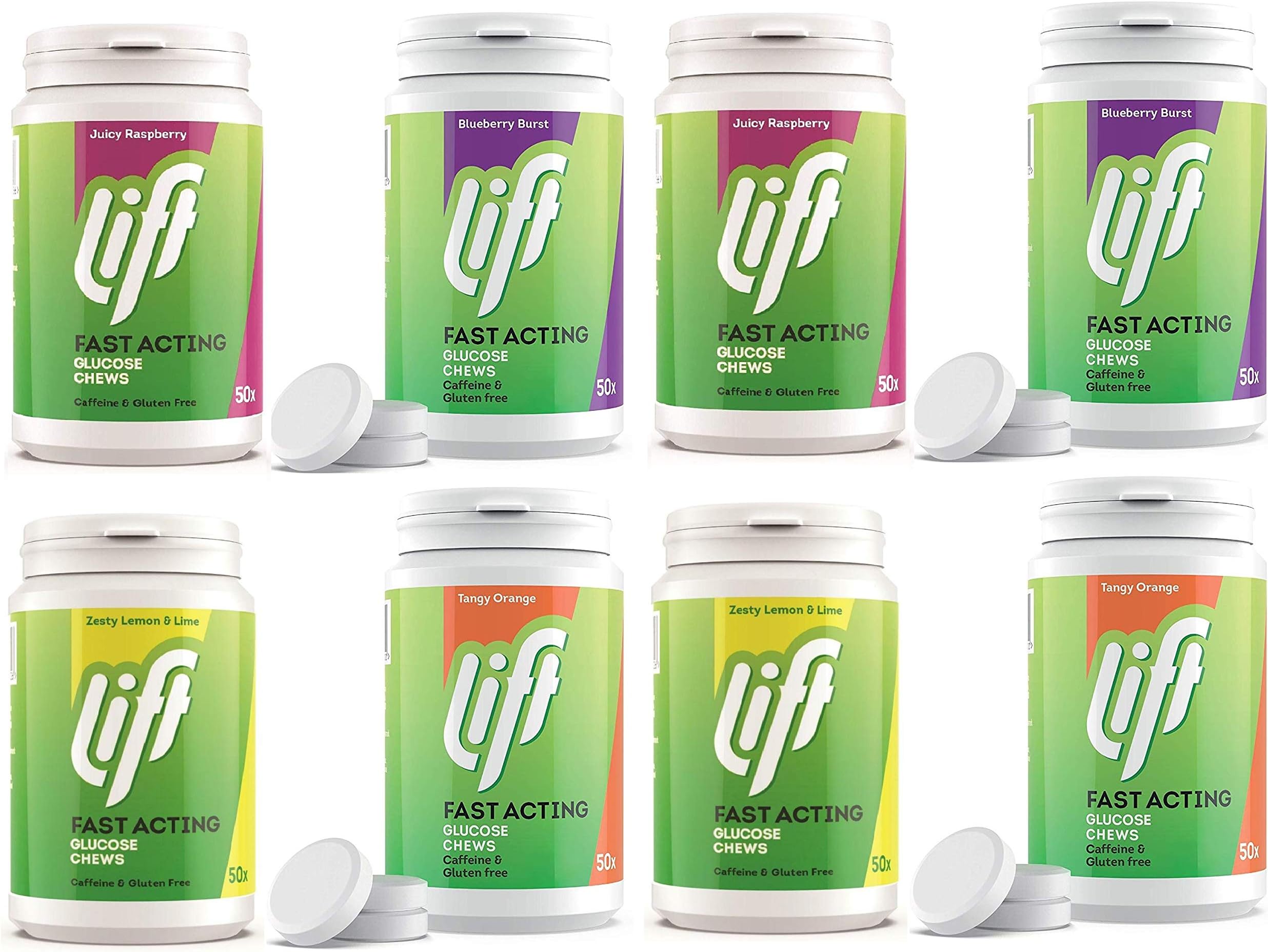 Lift Glucose Chews Mixed Case 8 x 50's Tubs Glucose Tablets *Orange, Raspberry, Blueberry & Lime*
