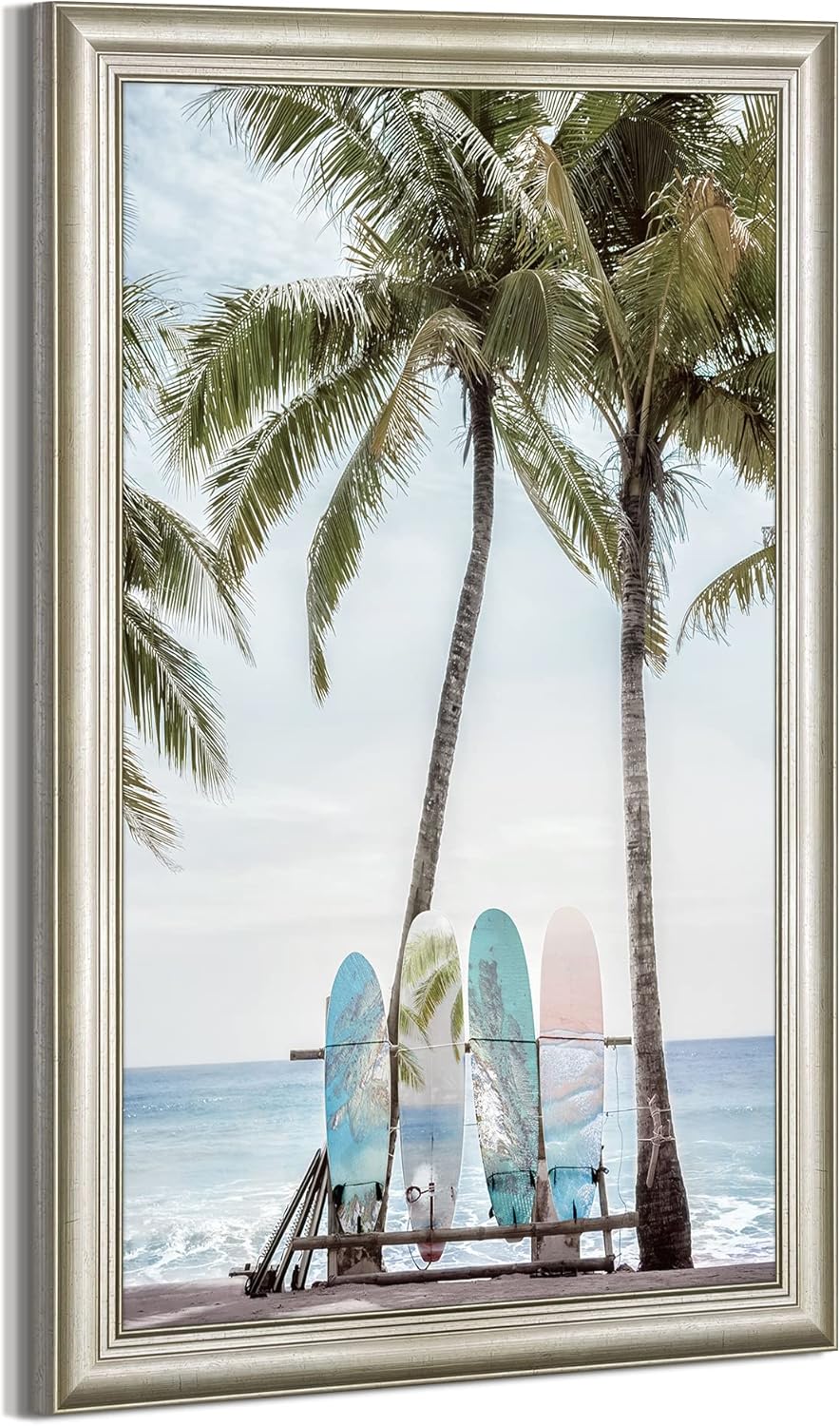 Surfboard Canvas Wall Art Bathroom: Beach Scene Ocean Picture Coastal Palm Tree Print Surf Seascape Painting Sea Seascape Seaside Artwork Decor for Living Room 16’’ x 24’’