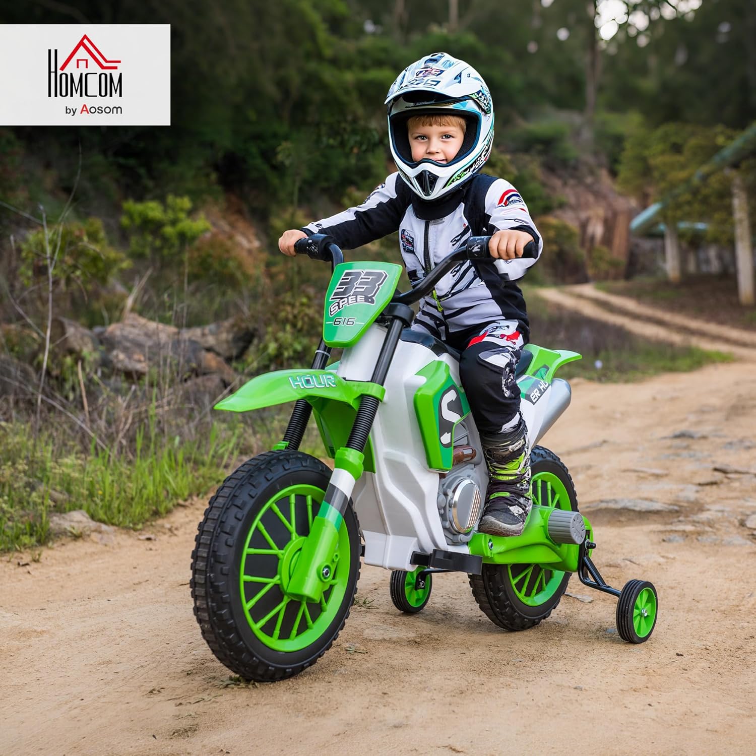 Child wearing a helmet and protective gear riding the HOMCOM Electric Dirt Bike on a dirt path.