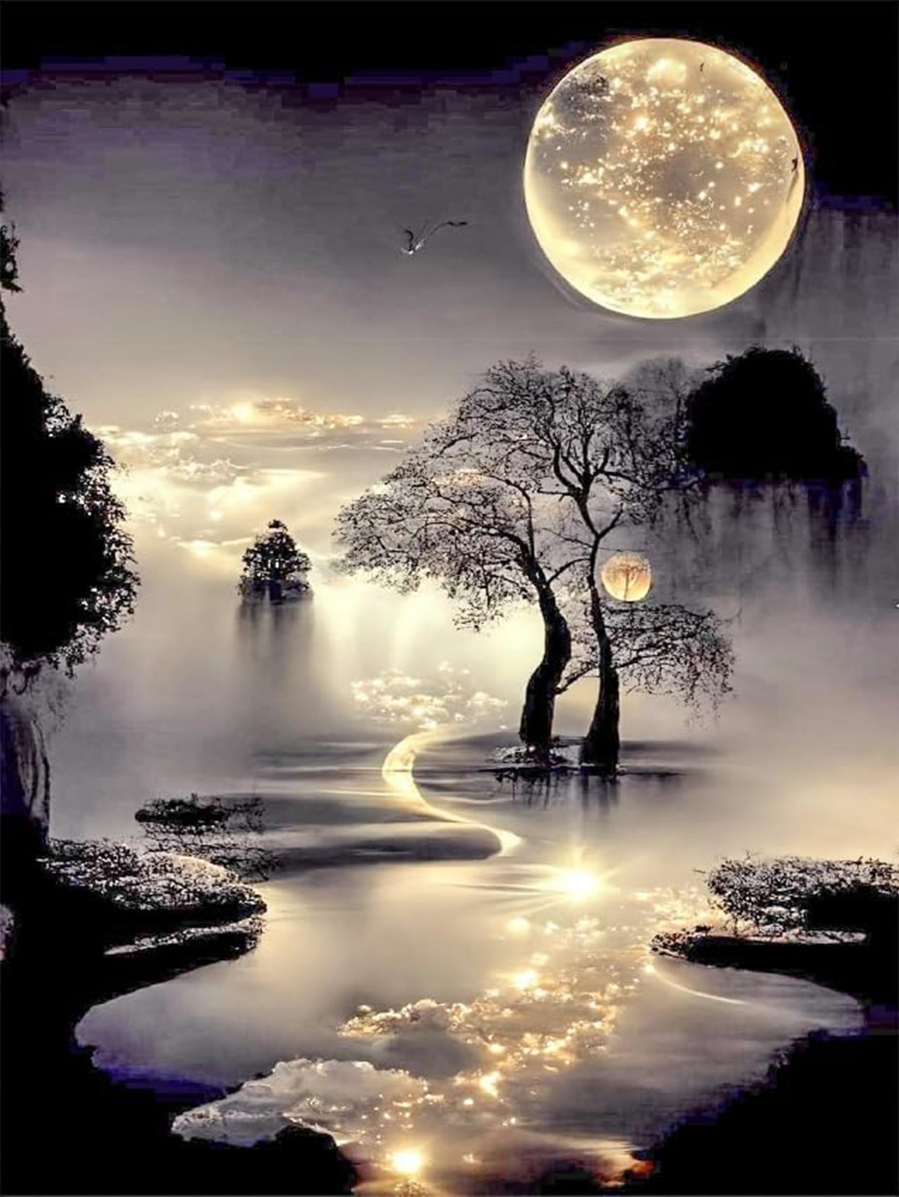 mrpwnle Diamond Painting Kits for Adults Beginners,Moon Diamond Art Kits for Adults,5D Moonlight Landscape Diamond Painting Kits DIY Diamond Art Dots Crafts Kits,Home Wall Decor Gifts 12x16in