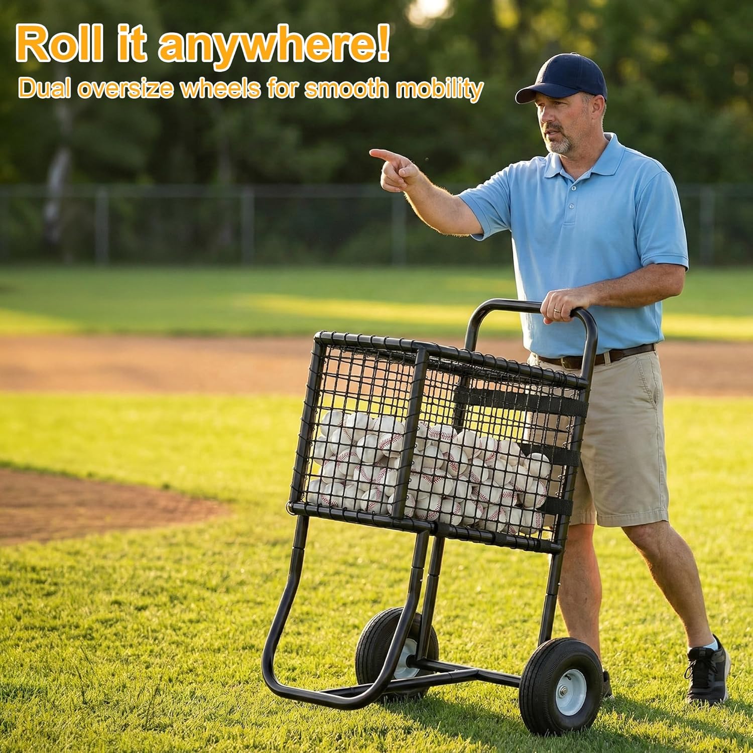 Tredre Baseball & Softball Cart with Wheels – Holds 300+ Baseballs or 150 Softballs, 10.5" All-Terrain Wheels, Large Capacity Ball Transport Cart for Training, Game Day & Fields
