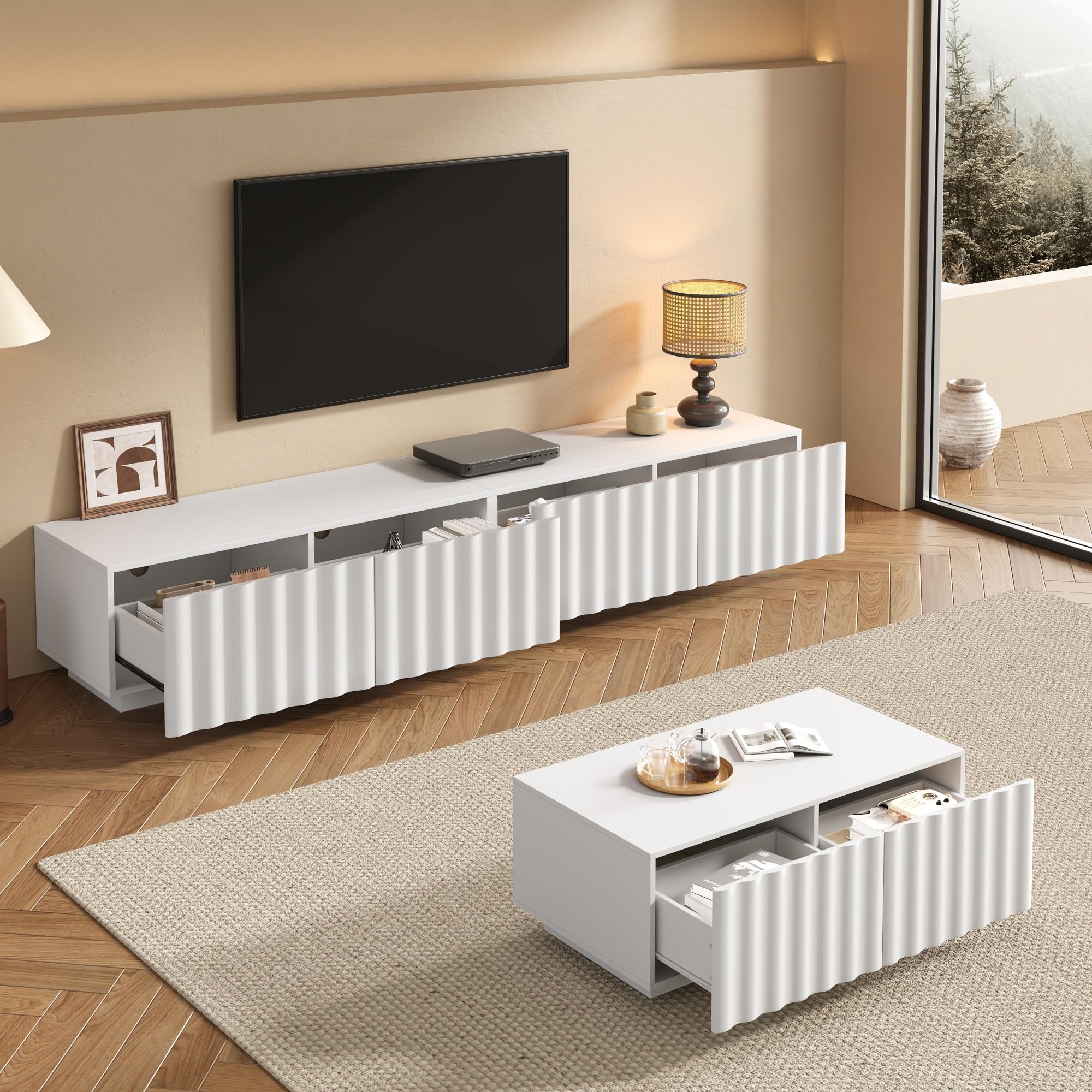 Wohnzimmer-Set mit Wellenoptik, TV-Schrank + Couchtisch, modernes Stauraumset,stabil und praktisch (Weiß)
