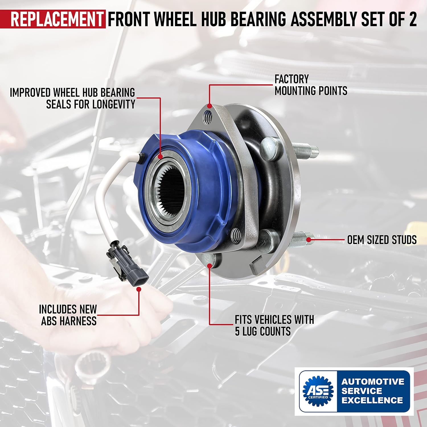 Front Wheel Hub Bearing Assembly - Set of 2 - Compatible with Chevy, Buick, Cadillac, Oldsmobile, Pontiac - Impala, Monte Carlo, Century, Grand Prix, Replaces 513121, 12429203, 88964168 - ABS