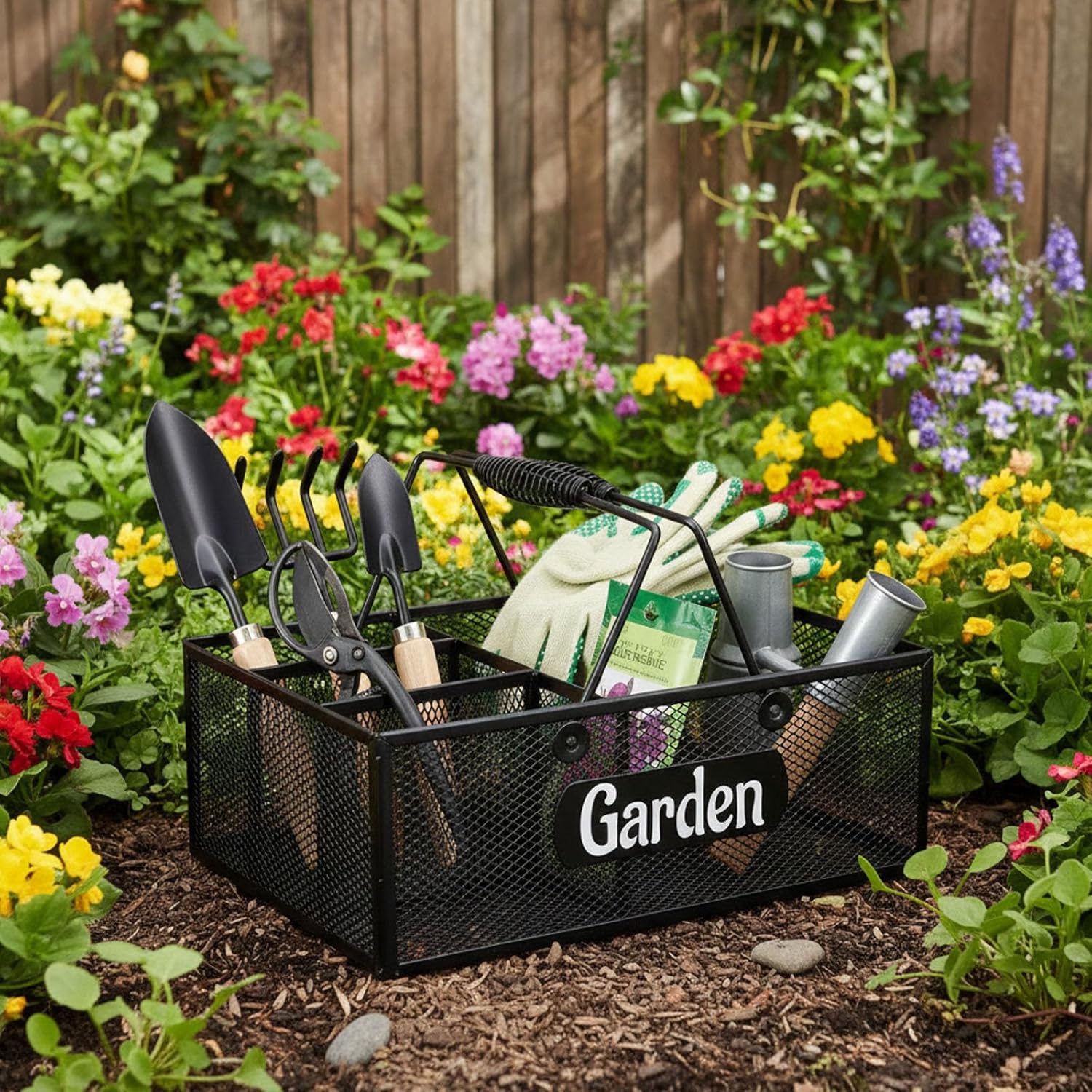 Garden Tool Storage, 4 Compartments Metal Mesh Garden Caddy, Portable Garden Basket with Handles, Gardening Tool Organizer for Indoor and Outdoor, Gardener Gift for Gardening Lovers, Black