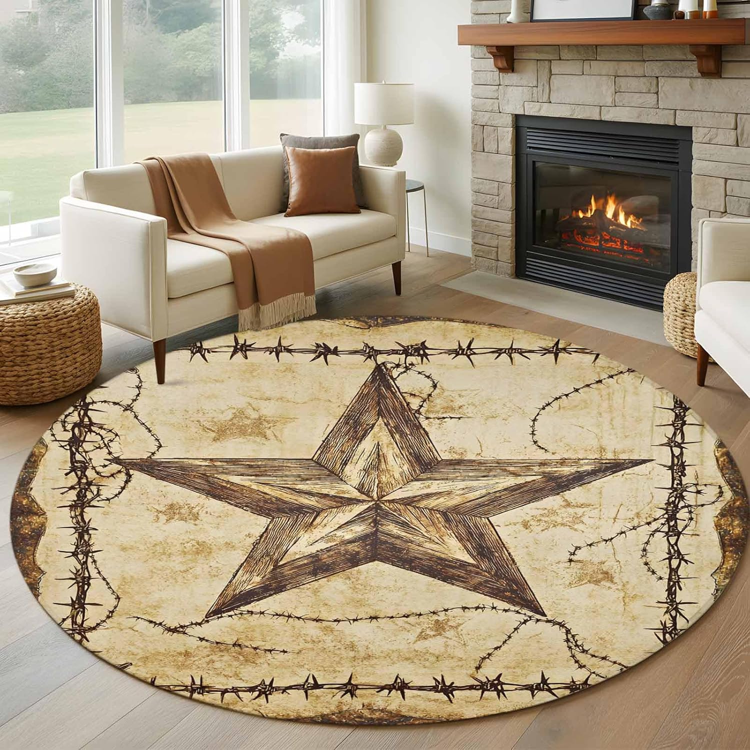 Brown Texas Star Country Round Rug 7ft Washable Circle Rugs Non Slip Western Stars Retro Large Area Rug Indoor Floor Carpet for Bedroom Kitchen Living Room Home Office Dining Room Nursery