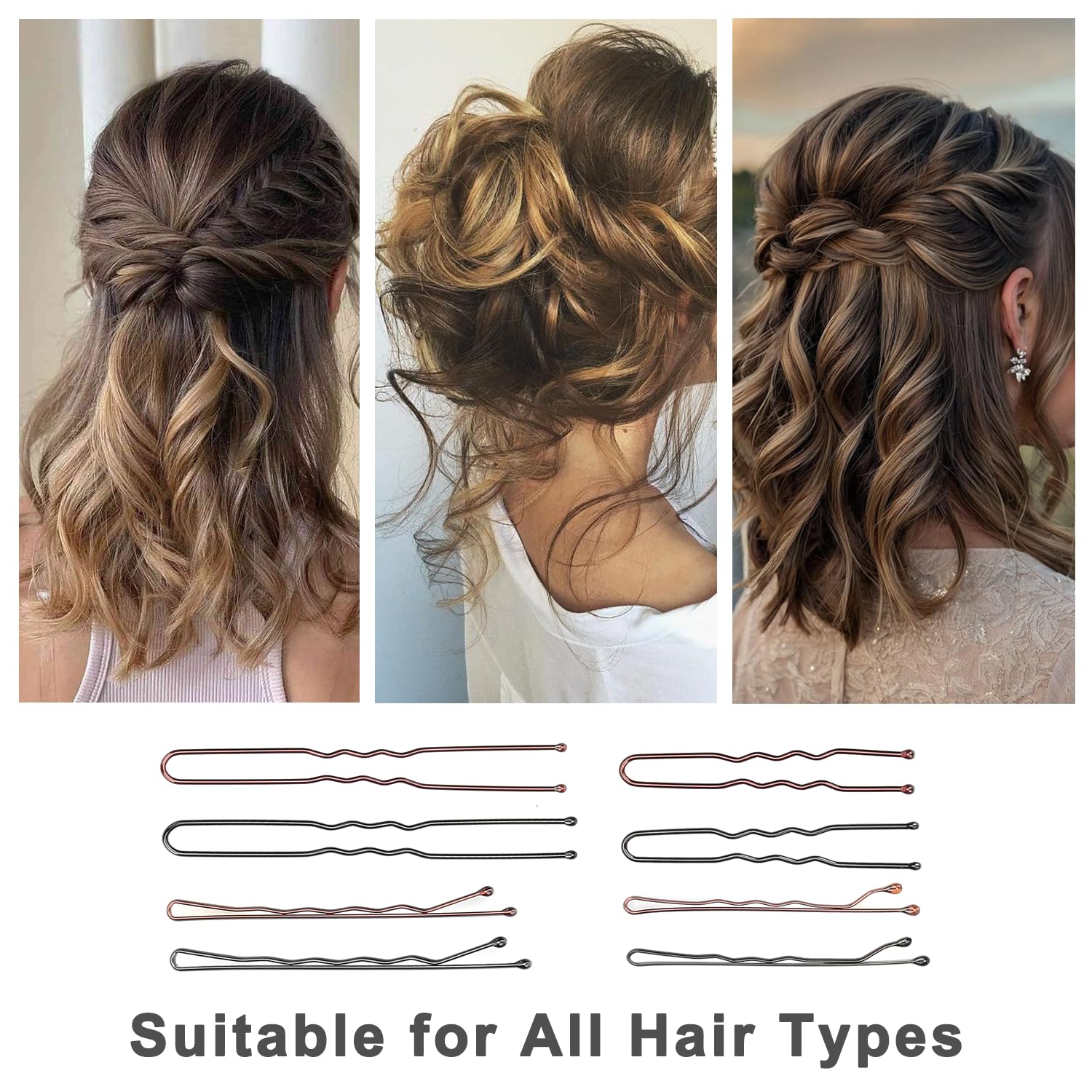 250 horquillas para el cabello, cabello castaño con caja de almacenamiento, pasadores ondulados de 2 pulgadas, 2.4 pulgadas, horquillas en forma de U de 2 pulgadas y 2.8 pulgadas, adecuadas para todo 6