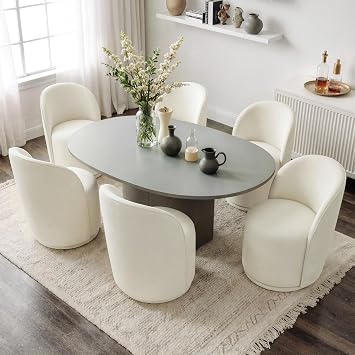 Pia Ricco 360 Swivel Barrel Dining Chairs Set of 6, Linen Upholstered Accent Chairs-Beige
