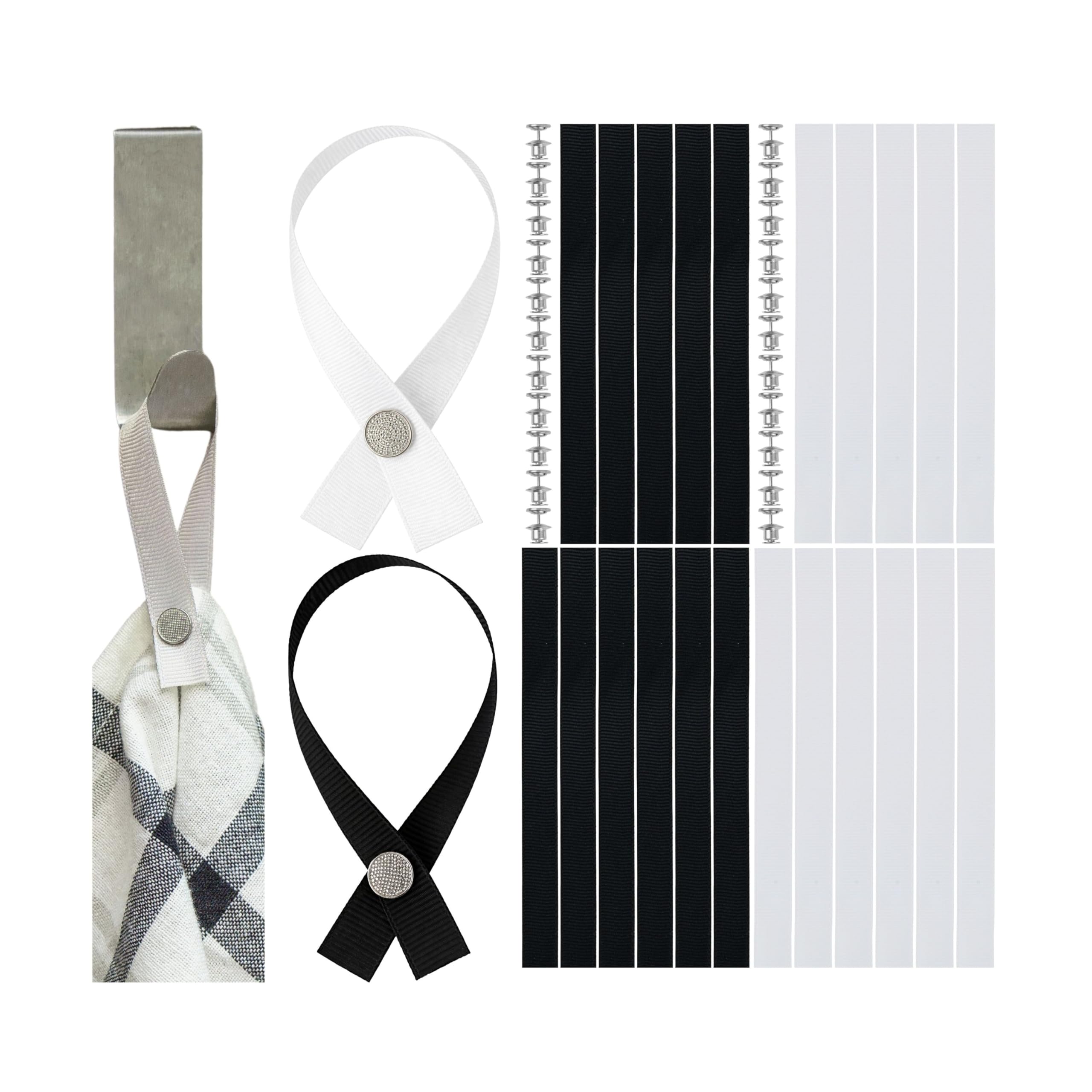 Your Day Mate With Pin, Black + White, 24 Pcs No-Sew Hangers For Textiles, 24 Pack, 7.09 X 0.47 Loops, In White And Black, With Pin-Button Fastener, Hanger Loops For Tea Towel, Bath Towel, Cloth, Decoration, Camping Accessories