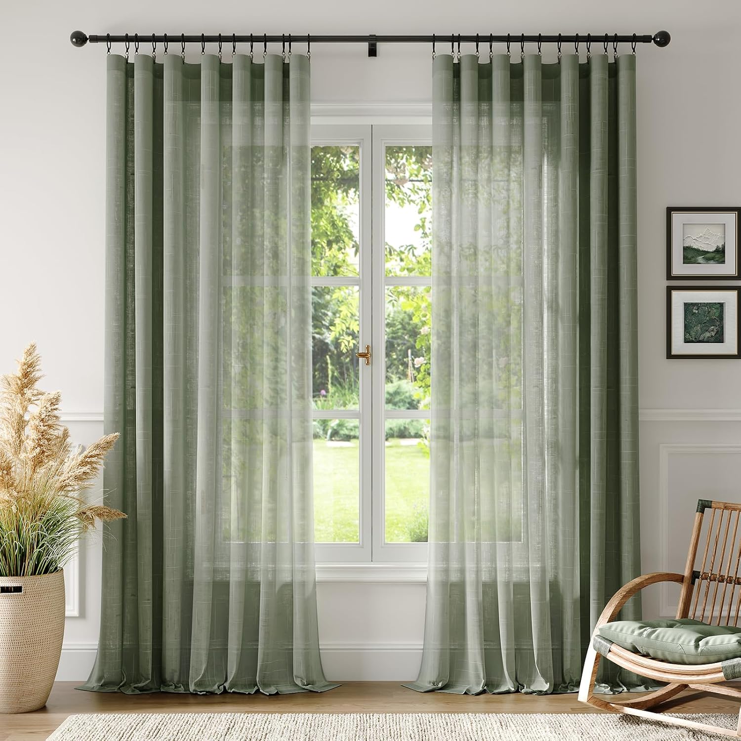 Anmao Natural Linen Curtains for Living Room 84 Inch Length 2 Panels Set, Light Filtering Semi Sheer Window Curtain Drapes for Bedroom with Curtain Rings and Clips, 52 Inch Wide Each Panel, Olive