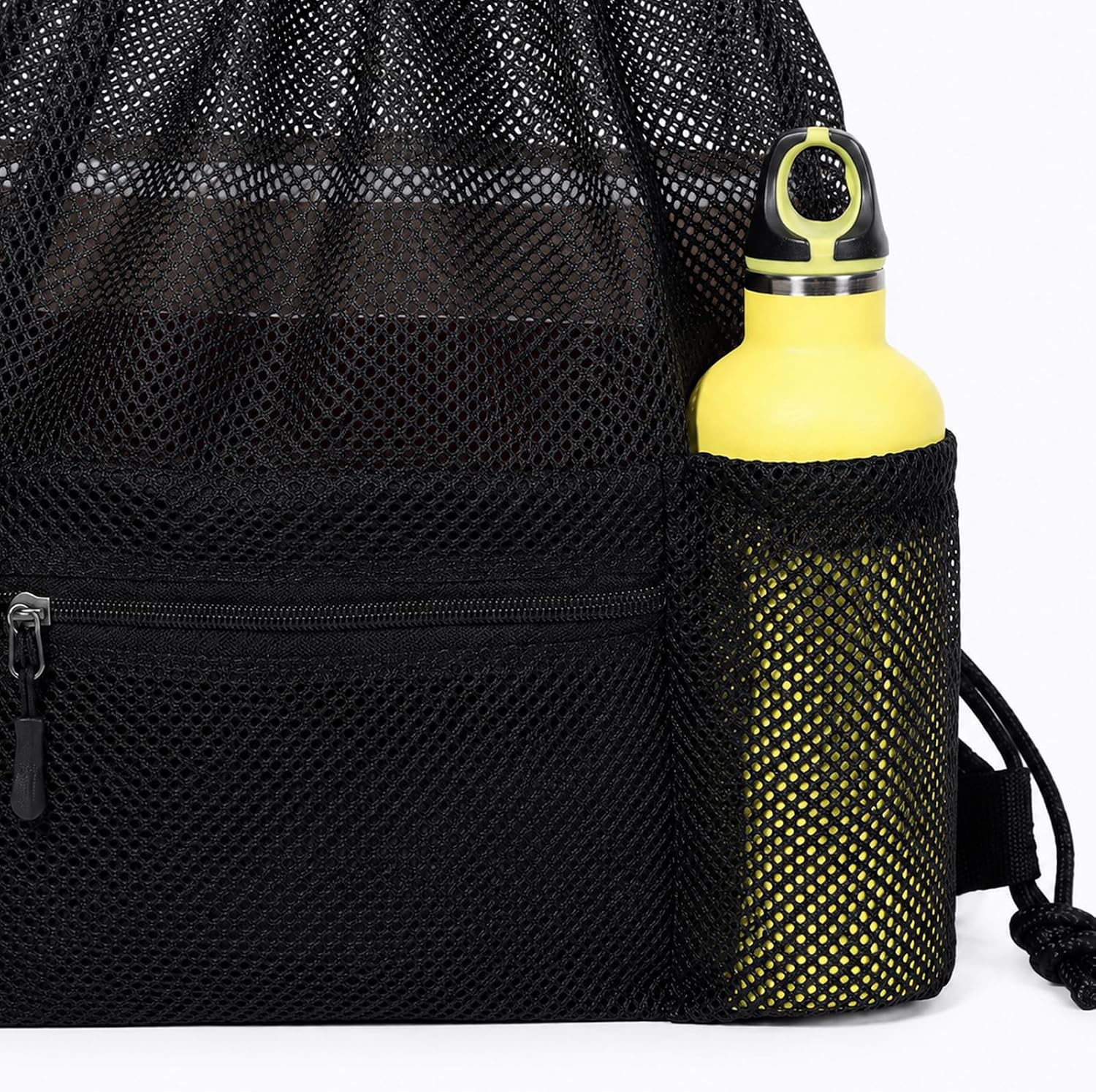 Mesh Drawstring Backpack Gym Sports Bag with Zipper Pocket Bottle Holder, Heavy Duty Mesh Laundry Bag for Travel Beach Swimming, Gym, and Workout, String Beach Bag
