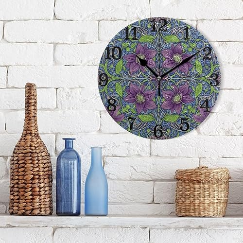 Miniatura 3 de KLL Retro Clematis William Morris Pattern 10 Inch Round Home Wall Clock Silent Creative for Bathroom School Home reloj de pared para cocina