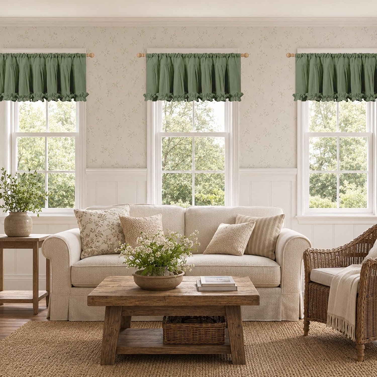 Emvency Valances for Windows Line Ruffle Hem 2 Pack 52x18 Inch, Sage Green