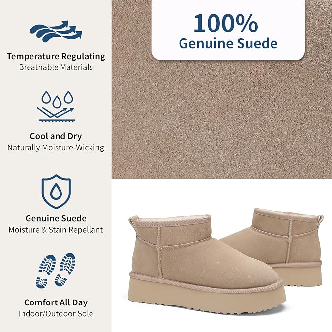 AoSiFu Platform Mini Boots for Women Genuine Suede Classic Winter Boots Snow Boots with Comfortable Memory Foam Insole Water Resistant Lightweight Non-Slip Indoor Outsole