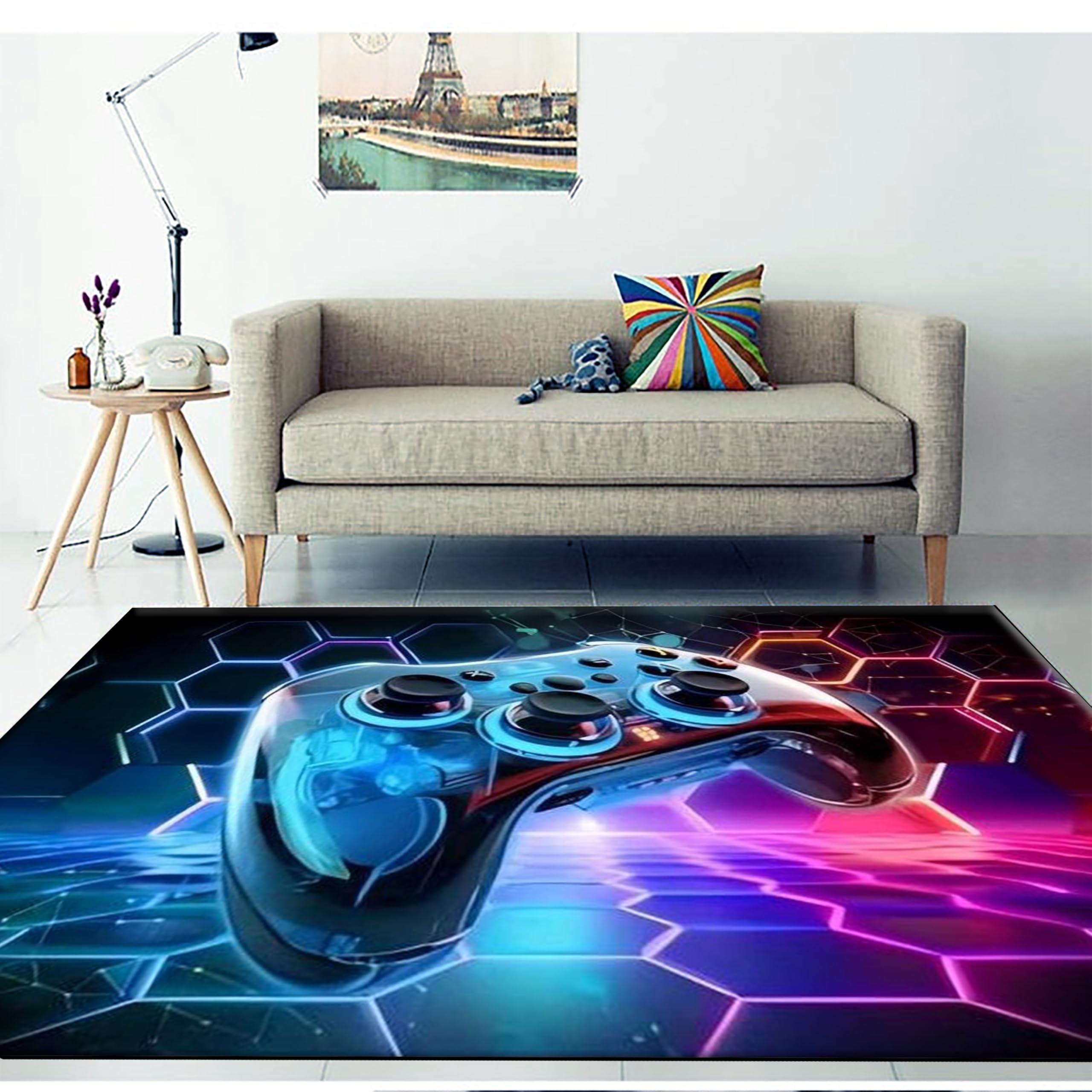 3D Gamepad Bereich Teppiche, 70x140cm, Cool Geometrisch Gaming Zimmer Dekor Zusammen mit, Spiel Regler Niedrig Stapel Einfach Sauber Teppich für Jungs, Beständig für Leben Zimmer