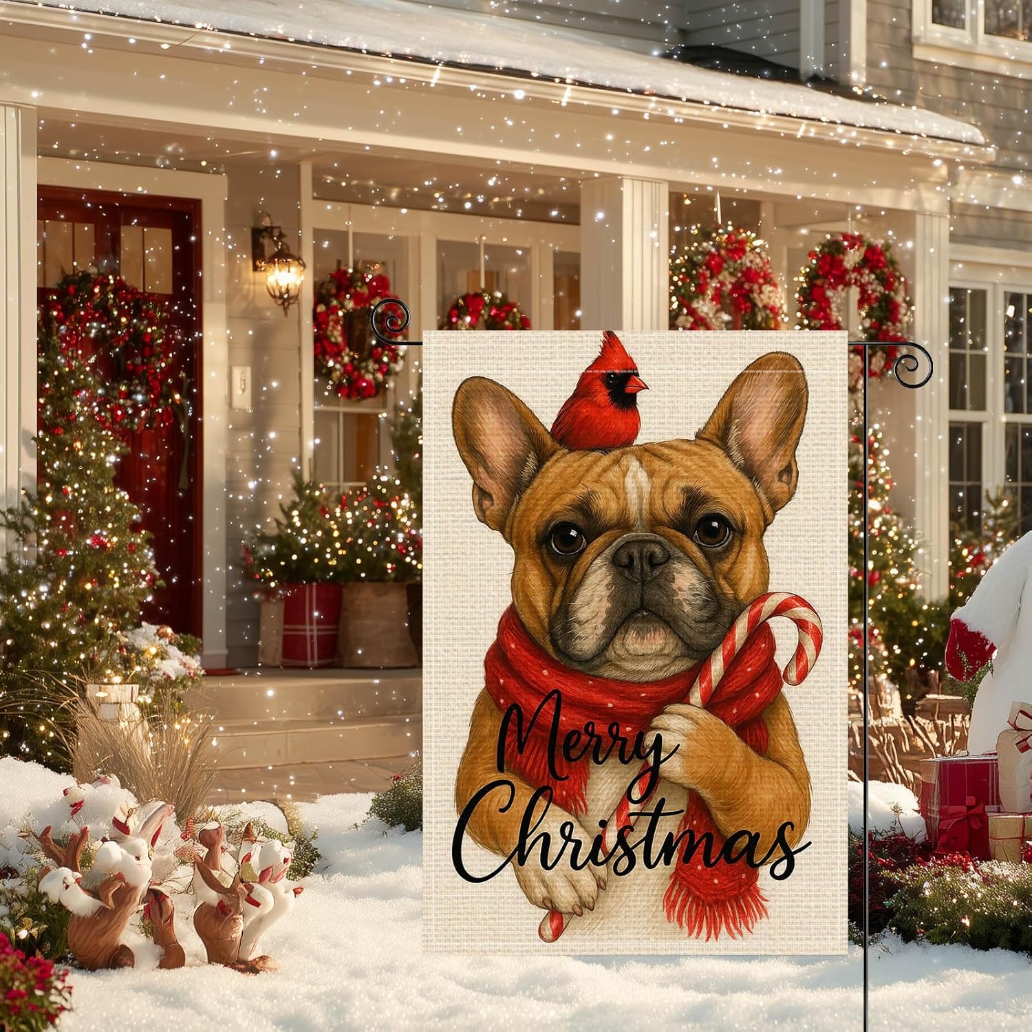 Merry Christmas Dog Garden Flag Double Sided 12x18 Inch Burlap Holiday Garden Flag French Bulldog with Red Scarf Seasonal Banner for Indoor and Outdoor Decoration Yard Lawn Decor - Image 8