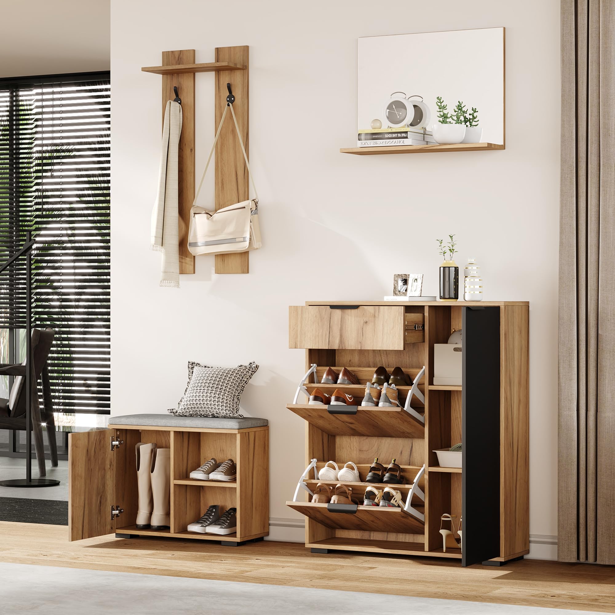 LAKFEW Conjunto de Perchero de Pared con Espejo y Zapatero, Perchero Entrada Recibidor con Banco Almacenaje y 2 Ganchos, Juego de Mueble Recibidor Entrada con Cajón, 140x35x139 cm, Natural+Negro